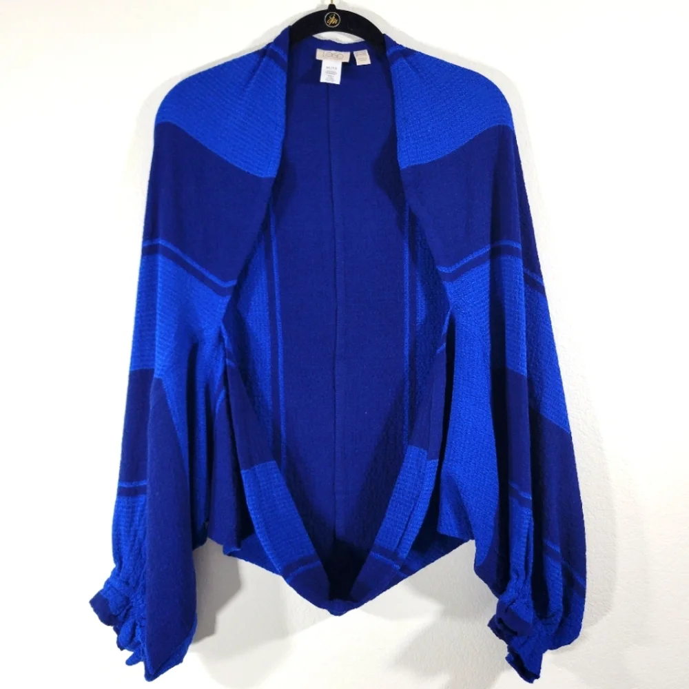 LOGO Lori Goldstein Evelyn casual blue striped waffle knit bolero cocoon sweater